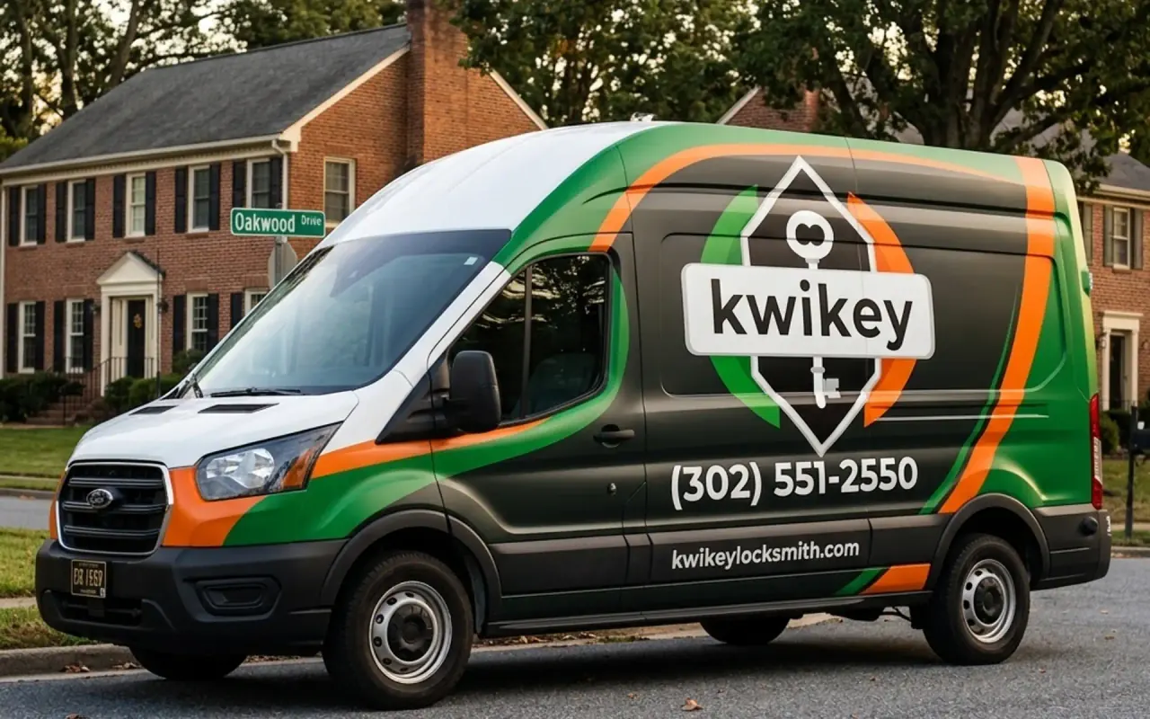 A Kwikey Locksmith service van parked on a residential street in a Wilmington, DE neighborhood