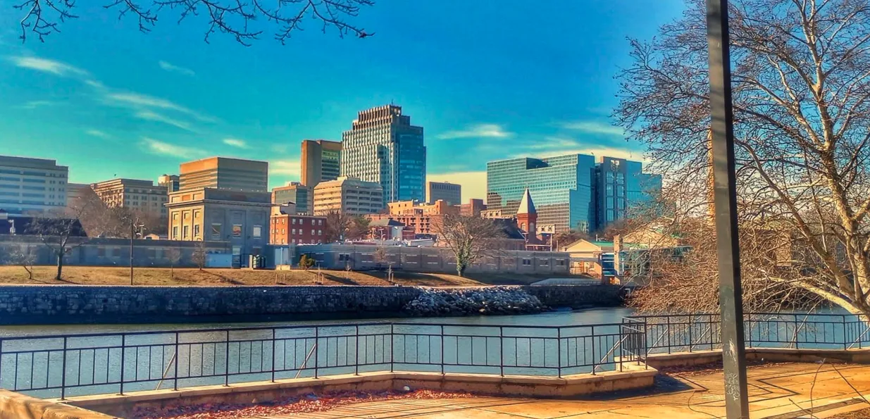 The downtown Wilmington, Delaware skyline seen from the Riverfront walkway