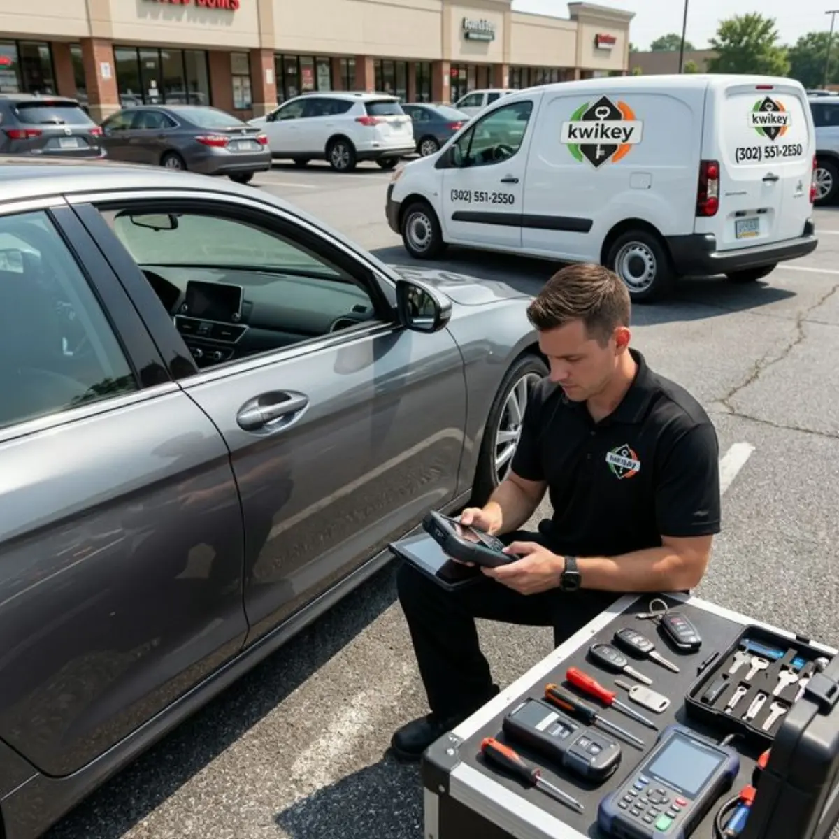 Auto locksmith cutting a new car key at their mobile workstation