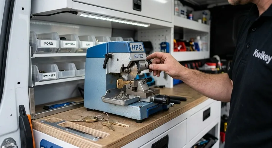 Key cutting machine duplicating a car key inside a locksmith service van