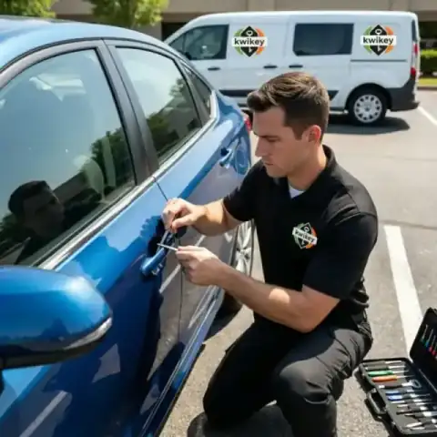 Professional car lockout service using specialized tools to open a vehicle door without damage