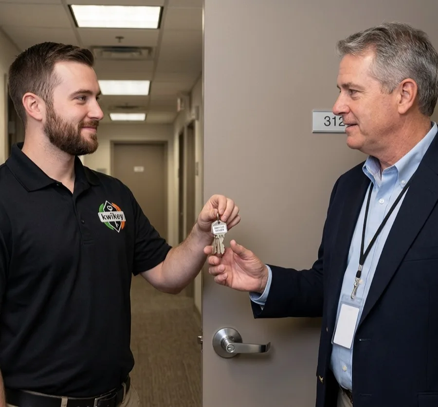 Locksmith presenting new commercial keys to a property manager in an office hallway
