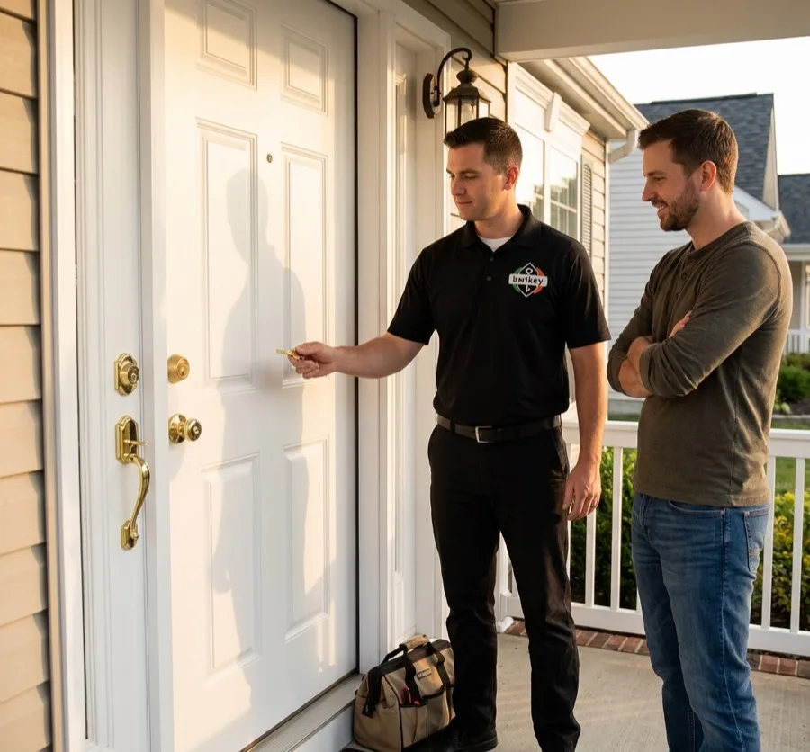 Locksmith demonstrating a new deadbolt key to a homeowner on their front porch