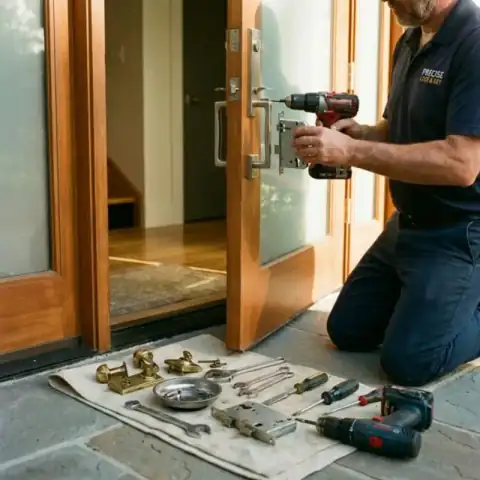 Locksmith replacing a damaged lock with a new high-security deadbolt after a break-in
