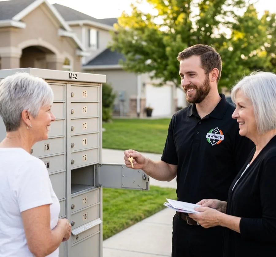 Locksmith handing a new mailbox key to a customer at a community mailbox cluster