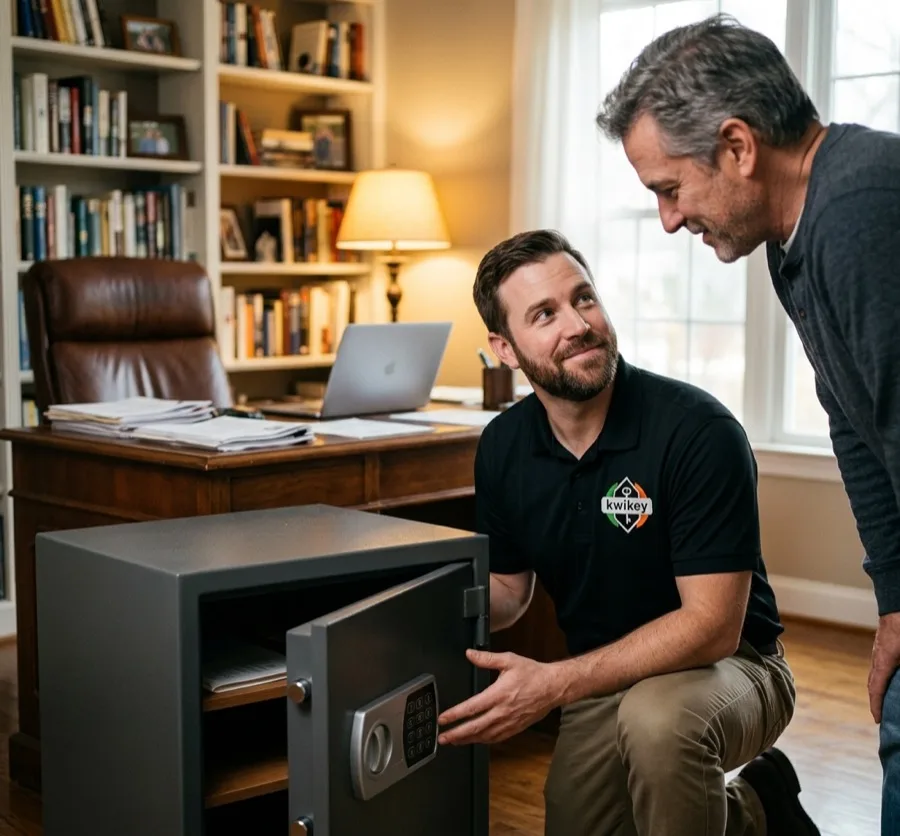 Locksmith opening a home safe for a relieved homeowner in a home office