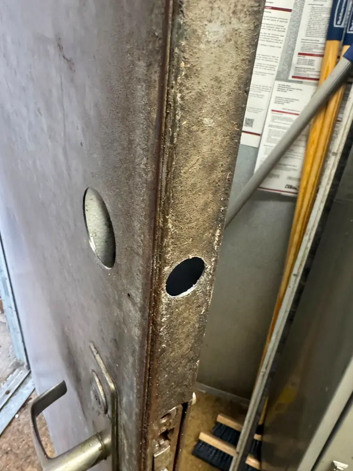 Drilled commercial door frame — Kwikey Locksmith job near Middletown